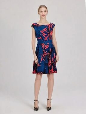 Closet London Tropical Leaf Print Cotton Dress US 2 Cap Sleeve Belted Fit&Flare